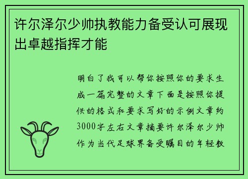 许尔泽尔少帅执教能力备受认可展现出卓越指挥才能